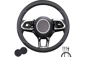 SUYEAH Universal Steering Wheel Cover,Stylish Non-Slip Premium Leather Steering Wheel Cover for Steering Wheel with a Diameter of 14.5"-15" with 2 Coasters and USB Fast Charging Cable (Style A)
