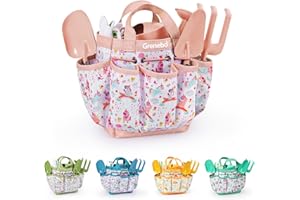 Grenebo-Gartenspielzeug für Kinder, inklusive Metallkelle, Pflanzschaufel, Gartenhut, Rechen, Schürze, Handschuhe, Gießkanne und Werkzeugtasche (rosa)