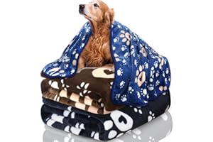 Awaytail 3 Pack Hundedecke,Superweiche Verdickte Flanelldecke für Haustiere,Flauschig Hund-Katze-Decke Waschbar,Hunde Decken für Hund Groß Niedlicher Pfotenabdruck,110 x 80 cm, (Schwarz+Braun+Blau)