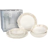 FESTA ITALIA Opal Glass Dinnerware 18 Pieces 6 People, Lines | Set of white opal glass plates with fine lines - three coordin
