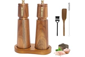 Foyucool Set Macina Sale e Pepe in Legno, 2 Macina Pepe Manuale, Granulosità Regolabile, Rotore in Ceramica, con Vassoio e Pennello per la Pulizia, per Lilla, Pepe, Sale, 8 Pollici, (Marrone+Marrone)