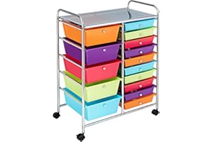 COSTWAY Chariot de Rangement à Roulette 15 Tiroirs en PP, Tour avec Tablette, Cadre en Métal, Desserte Meuble pour Cuisine, École, 62,5x37x87cm(Multicolore)