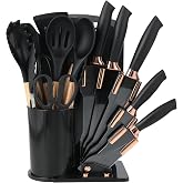 19 Piece Silicone Kitchen Utensils Set with 12 Kitchen Utensils, 5 Knives, Cutting Board and Holder, Dishwasher Safe