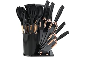 FLEARITZO Set di 19 coltelli da cucina, in silicone, con 12 utensili da cucina, 5 coltelli, tagliere e supporto, lavabile in lavastoviglie (Nero/Bianco)