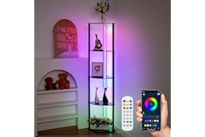 THREEHONEY 5 Tiers Corner Shelf with Light Display Bookshelf with Light Floor Lamp with Shelves Corner Storage Cabinet Decor for Living Room Home, Mobile APP and Remote Control