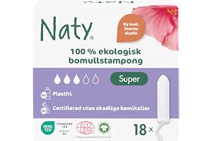 Naty tamponger Super, 100% bomull, Riklig blödning, 18 stycken | Certifierat säker för huden, Plastfria, Oparfymerade, Naturligt skydd