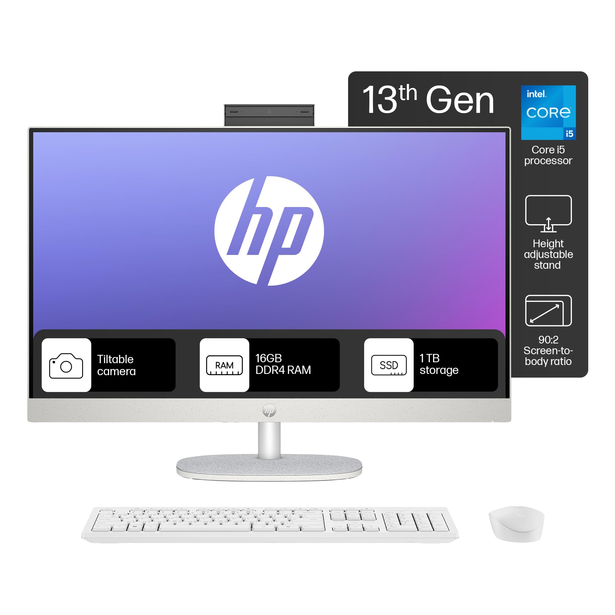HP All-in-One PC 13th Gen Intel Core i5 27" (68.6cm) FHD 16GB RAM, 1TB SSD, Intel UMA Graphics, 710 White Wireless Keyboard and Mouse Combo (Windows 11 Home, MSO 21, Shell White, 6.72 Kg) 27-cr0407in