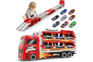 BAKAM Race Tracks Set for Kids Ages 3-5, Car Tracks for Toddlers 2-4 Years, Car Carrier Trucks Car Garage Toys for 3+ Year Old, Toys for Ages 2-4, 3 Year Old Boy Birthday Gift (Red)