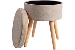 ‎THEO&CLEO Theo&Cleo Hocker mit Stauraum,Sitzhocker Holzbeine,Runder Hoher Schemel,Aufbewahrung Schlafzimmer mit Deckel,Schminktisch Stuhl,Fußhocker für Wohnzimmer,Soft Sitzkissen aus Linen,36cm*36cm*45cm Beige