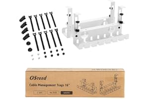 Desk Cable Tidy White, Under Desk Cable Management Tray 2 Pack, OSteed Cable Management Under Desk No Drill, Desk Cable Organiser, Under Desk Cable Tray with Clamps, Desk Wire Box for Home & Office