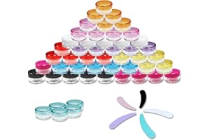 AIRNOGO 50 Contenitori Cosmetici Plastica Piccoli 5g/5ml Trasparente Bottiglie Plastica,Viaggio per Cosmetici Campione Crema Creme Candele Vernici Barattoli ​e 5 Spatola (10 colori)