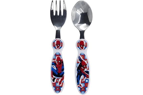SET DE 2 CUBIERTOS METALICOS SPIDERMAN ARACHNID GRID | Tenedor y cuchara con mango de diseño Marvel Arachnid Grid - Sin BPA, aptos para uso diario