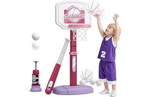 HYES 2 in 1 Basketball Hoop Children's Toy, Basketball Hoop Indoor Outdoor Baseball Set from 2 3 4 Years Children with Pitching Machine, Baseball Bat, Gifts for Boys Girls