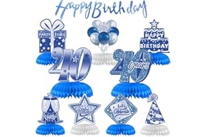 KEPMOV 40th Birthday Table Decorations, 10 Pieces Blue Silver Birthday Table Centerpieces with Happy Birthday Banner, Birthday Decorations Honeycomb Table Topper for Men Woman Forty Years Birthday Party