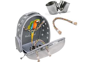 PETCUTE Bolsa de Transporte para Pájaros, Transparente, Transpirable, Mochila para Pájaros con Percha y Bandeja, Espaciosa, Ideal para Viajes en Tren, Automóvil, Restaurante o Avión (Gris)