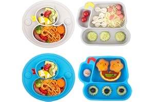 nohlerlife Lot de 4 Assiettes pour tout-petits en silicone avec Compartiments, incassable Antidérapantes assiette bebe Pour les tout-petits et l'auto-alimentation (Duck/Excavator)
