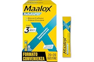 Maalox Reflurapid Blocca il Reflusso Gastroesofageo, Riduce Bruciore e Acidità di Stomaco, anche in Gravidanza - con Bicarbonato di Sodio, Senza Glutine, Senza Lattosio (40 Bustine Gusto Menta)
