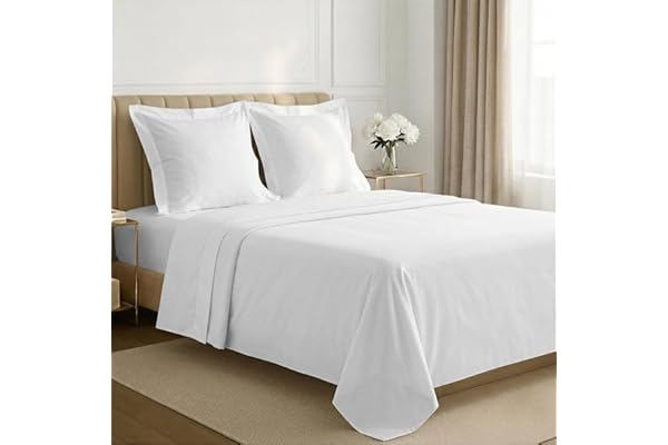 Pizuna Coton Peigné Parure de Lit 140x200 cm Blanc, 100% Coton Longue durée 400 Fils de Satin Comprend 1 Drap Housse, 1 Drap Plat, 2 Taie d'oreiller (Coton Draps 2 Personnes)