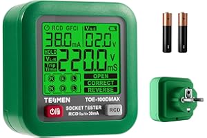 TESMEN TOE-100DMAX Testeur de prise avec affichage du temps de déclenchement RCD, écran LCD rétroéclairé, mesure de tension, fonction de maintien des données (prise UE) – Verde