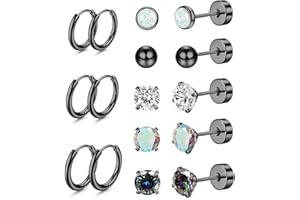 Diamday 8Paare Titan-Stahl Piercing Ohrstecker Set 20G Hoop Creolen Ohrringe für Damen Herren Kleine Kugel Opal CZ Flache Rückseite Ohrringe Tragus Knorpel Helix Kleine Creolen für Mehrere Piercings