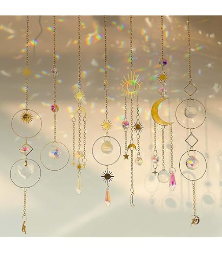 Carillon Attrape-soleil étoile Et Lune En Cristal - 45 Cm - Effets Prismatiques Arc-en-ciel - Décoration Fenêtre - 5
