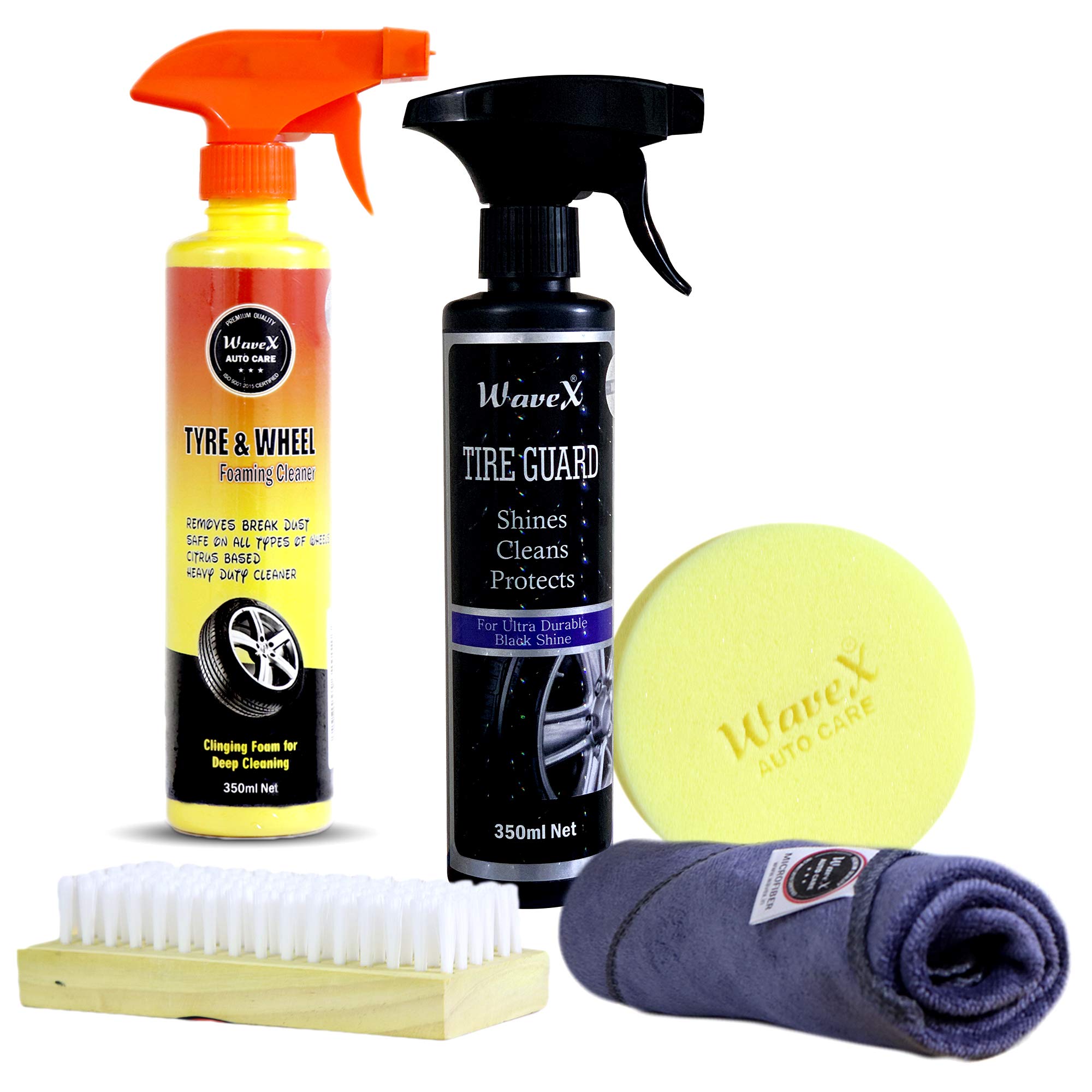 Wavex Tyre Polish and Cleaner Includes Tyre Polish 350ml, Tyre and Wheel Cleaner 350ml, Cleaning Brush, Microfiber Cloth and Foam Applicator