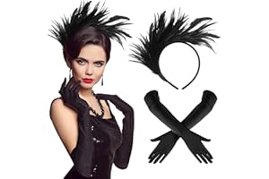 BBTO 2 sztuki opaska na czoło z motywem lat 20. XX wieku, fascynator, długie rękawiczki wieczorowe z piórami, opaska na głowę, dla panny młodej, czarna opaska do włosów, opera, czarne rękawice, akcesoria do włosów dla kobiet, na ślub, studniówkę, 20 lat