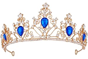 Vofler Diadème doré avec saphir, baroque vintage en cristal bleu strass pour femme, reine, fille, mariée, princesse, anniversaire, mariage, concours de beauté, bal de promo, fête costumée d'Halloween