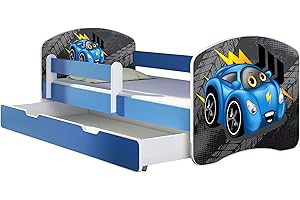 ACMA Letto per Bambino Cameretta per Bambino con Materasso Cassetto II BLU (04 Macchinetta azzurra, 180x80 + Cassetto)