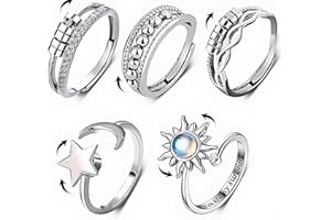 CKDSA 5 Stück Verstellbare Anti Stress Ringe Damen mit Perlen Zirkonia Offene Spinner Fidget Ring für Frauen Mädchen Angst Lindern Stapelbare Kupfer Versilbert Schmuck