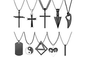JeweBella 10Stück Halskette Edelstahl für Herren Damen Schwarz Kreuz Kette Wikinger Wolfszahn Halskette Bar Anhänger mit 61CM Kette Cool Punk Dog Tag Halskette Set für Männer Herren Geschenk Schmuck