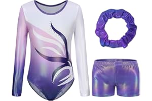 Hotfiary Gymnastics Leotards for Girls Long Sleeve/Sleeveless Sparkle Dance Leotard with Tumbling Gymnastics Shorts Ballet Dancewear for Kids 5-14 Years