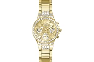 GUESS Reloj Deportivo multifunción para Mujer con Cristales de 36 mm, Esfera Rosa, Caja y Pulsera de Acero Inoxidable en Tono Oro Rosa