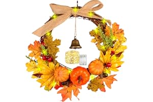 HUTATO 32CM Artificial Autumn Fall Wreath with LED Light Maple Leaf Harvest Pumpkins Bells Acorn Berries Front Door Hanging Wreath for Thanksgivings Halloween Home Decoration (Color 2)