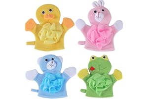 EYANDS Lot de 4 gants de toilette pour bébé avec petite éponge – Gants de bain pour bébé à motif d'animaux mignons pour rendre le bain plus amusant (ours, lapin, grenouille, canard)