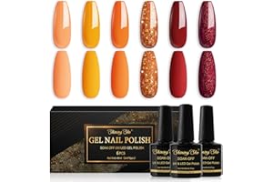 Shining She Vernis Semi Permanent, 6 Couleurs Jaune Orange Rouge Pailleté Gel UV Semi Permanent Soak Off UV/LED Vernis à Ongles Pour l'automne, l'hiver et l'Halloween, 8ml