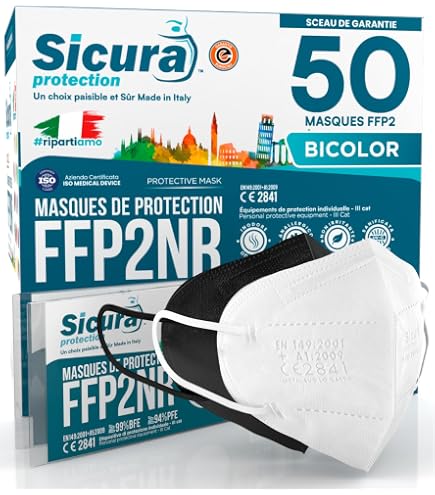 60 Masques FFP2 Noirs Certifiés CE - Fabriqués En Italie - Filtration ≥99% - Individuellement Scellés