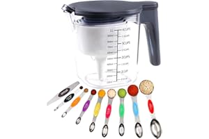 Recogwood 19 Piece Multicolor Measuring Cup Set, Includes 10 Stackable Measuring Cup with Lid and 9 Magnetic Measuring Spoons, BPA Free, Dishwasher Safe