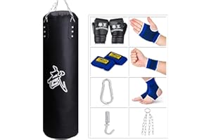 ‎SFEEXUN Sfeexun Boxsack Hängend Sandsack Boxen, Boxsack Kinder Boxsack Set Erwachsene Jugendliche Box Sack Punching Bag mit Handschuhen, Kette, Deckenhaken für Muay Thai MMA UFC 100/120cm (Nicht Gefüllt)