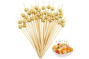 BOBOZHONG 100 Pcs Palillos para Cócteles de Bambú - 4.7 Pulgadas (12 cm) con Perla Dorada - Brochetas para Aperitivos, Frutas, Sándwiches -Resistentes - Decoración Fiestas, Bodas, Cumpleaños (Oro)