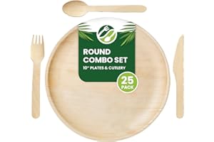 ECO LEAF PRODUCTS Eco Leaf 100pcs Disposable Palm Leaf Plates and Wooden Cutlery Set – 25 Large Round Plates, 25 Forks, 25 Knives, 25 Spoons – Eco-Friendly, Biodegradable, Perfect for Parties, Events, and Catering