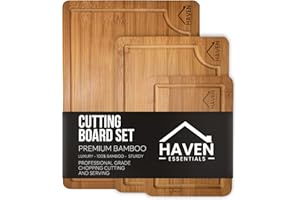 Haven Essentials Bamboo Cutting Board Set – 3 Wooden Chopping Boards with Deep Juice Grooves, 100% Natural Bamboo, Durable & Food Safe, Knife-Friendly Carving Boards for Kitchen Prep & Serving
