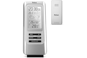 MEBUS funkgesteuerte Wetterstation mit Außensensor, Thermometer, Hygrometer, Funkuhr, Wohlfühlindikator bewertet Raumklima, Wettervorhersage, Mondkalender, Wecker, Farbe: Silber, Modell: 40627