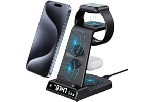 NEOTRIXQI Bezprzewodowa ładowarka z zegarem cyfrowym do ładowania Apple iPhone 15 16 14 13 12 Pro Max, stacja ładująca iWatch i iPhone, indukcyjna stacja ładująca ładowarka do iWatch 8 7 SE 6 5 4 Airp ods Pro