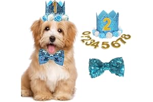 ELIONLESS Dog Birthday Hat, Pet Cat Dog Birthday Crown Hat and Bowtie with 0-9 Figures Charms Party Accessories for Small Medium Puppy Kitten (BLUE)