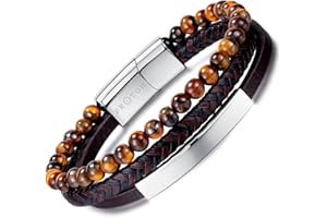 PROTON JEWELERS - Pulsera para hombre de cuero - Brazalete de tacto suave - Diseño trenzado - Piedra natural Ojo de Tigre - Cierre magnético de acero inoxidable.