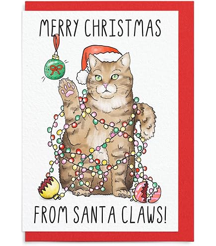 Biglietto Di Natale Con Gatto Nero - Divertente Augurio Per Amanti Dei Gatti, Design Con Zampa In Rilievo, 12,7x17,8 Cm
