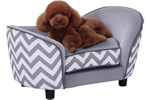 Pawhut D04-072GY Plush Fur Dog Sofa Couch Wooden Frame Deluxe Pet Sofa Lounger Cat Bed w/Cushions (Grey)