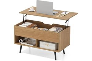 COSTWAY Mesa de Centro Elevable de Madera, Mesa de Cóctel Moderna con Compartimento Oculto & 2 Estantes Abiertos, para Salón, Sala de Recepción, Oficina (Natural)