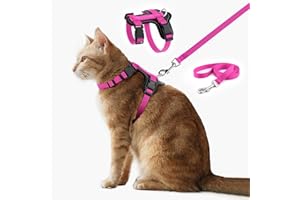 Plutus Pet Adjustable Cat Harness and Lead Set, Quick Release, Escape Proof Nylon Vest with Leather Trim for Kitten, Small Medium Large Cats, Hot Pink
